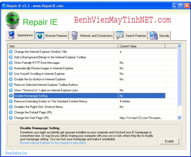 Huong dan sua chua Internet Explorer 3 - Repair IE - BenhVienMayTinhNet